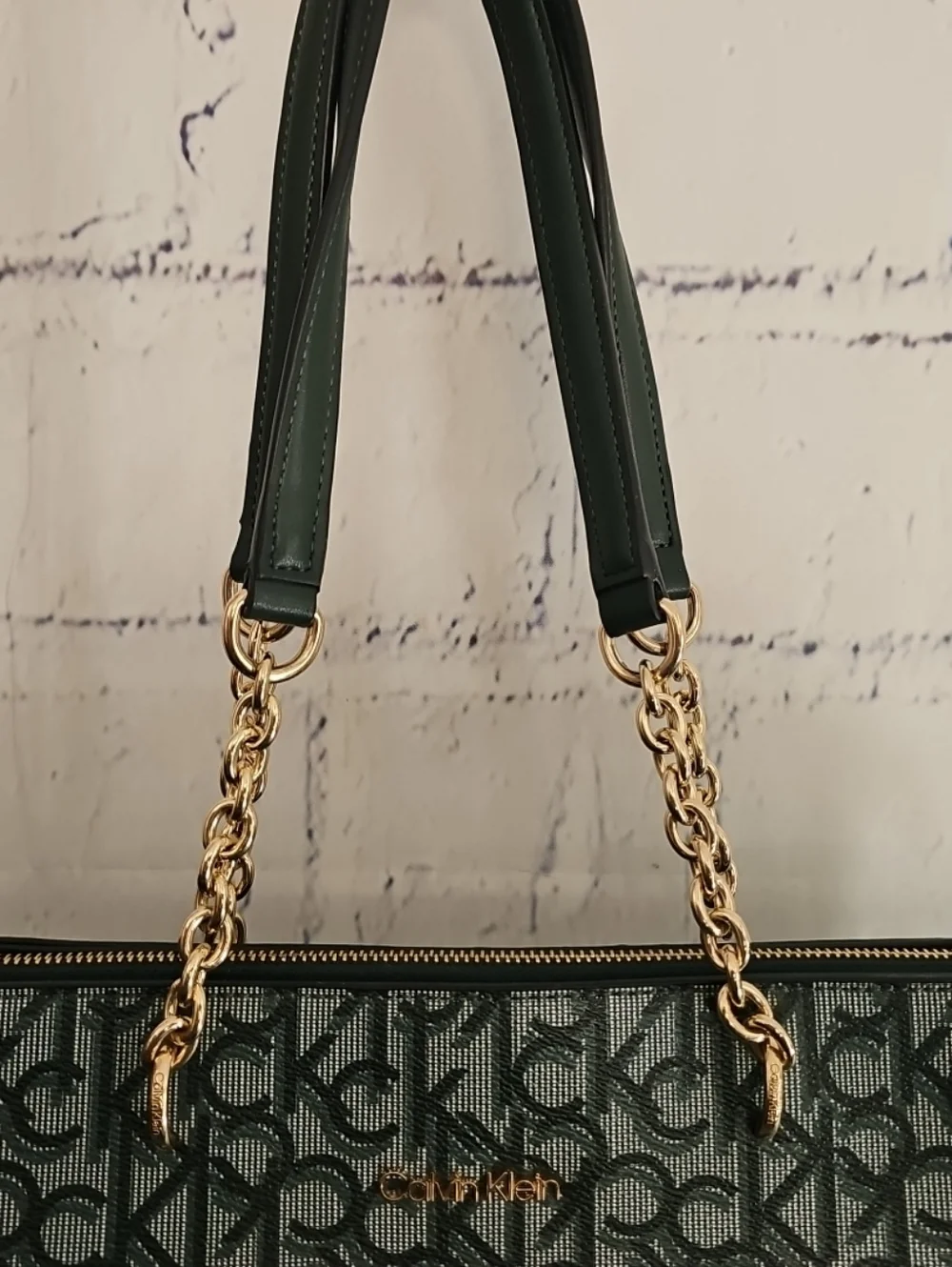Calvin Klein Teal Blue Monogram Purse Top Handle Shoulder Bag Large